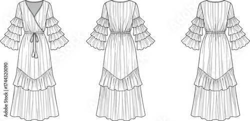 Dress flat sketch, fashion CAD drawing, vector illustration, technical apparel design, ruffle sleeves, wrap bodice, tassel tie waist, tiered skirt, maxi length