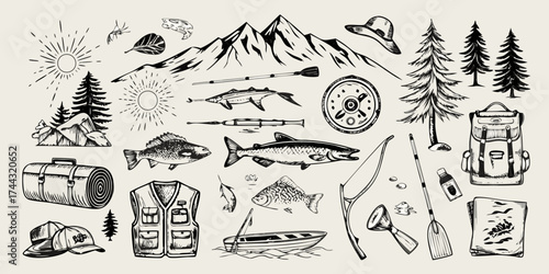 Collection of hand drawn illustrations depicting fishing and outdoor adventure elements with mountains and trees