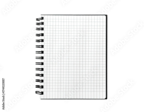 A close-up of a spiral-bound notepad with graph paper pages, isolated on black