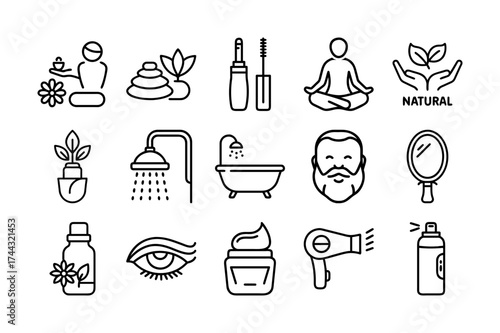 Spa and Self Care Line Icons Set | Beauty, Wellness, and Hygiene Outline Illustrations