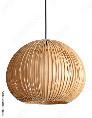 Round, wooden pendant light fixture, vertical slats, hanging from a dark, blurred background