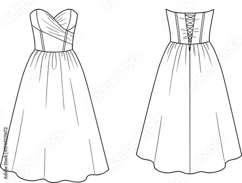 Dress flat sketch, fashion CAD drawing, vector illustration, technical apparel design, strapless dress, sweetheart neckline, lace up back, scalloped hem