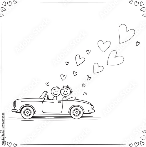 Love on the Road: A joyful cartoon couple cruises in a classic convertible, hearts soaring above, symbolizing their blossoming romance and shared adventures. 