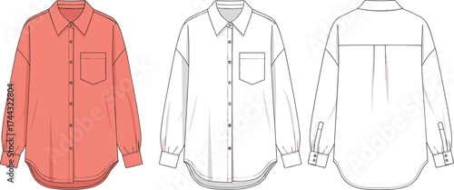 Shirt flat sketch, fashion CAD drawing, vector illustration, technical apparel design, button up shirt, chest pocket, yoke back, curved hemline