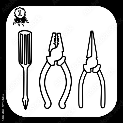 Regular Plier, Needle Nose Plier, and Phillips Screwdriver with Number 1 Rosette in Retro Black and White Vector Style Representing High Quality Hand Tools for Workshop and Repair Work
