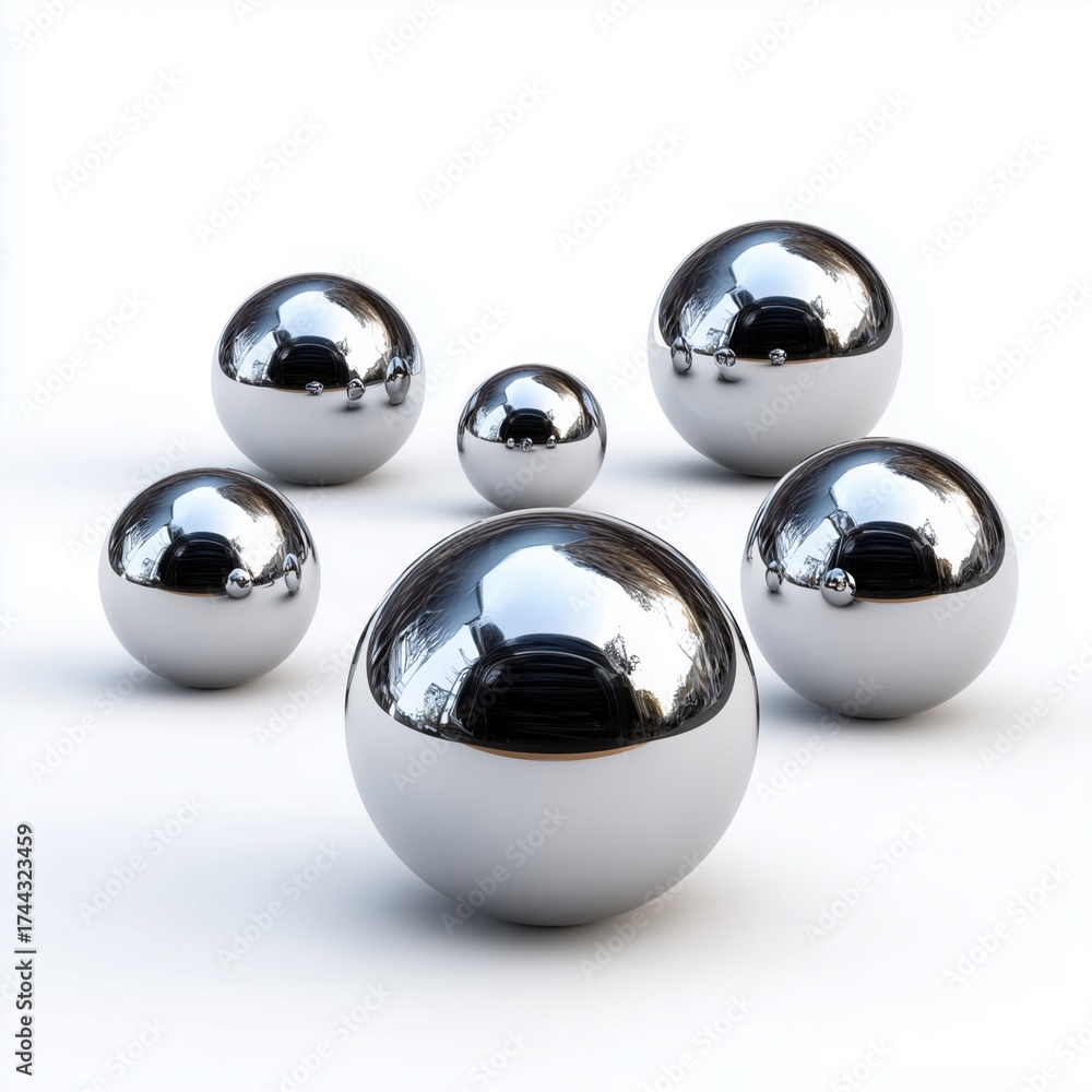 Fototapeta premium Set of floating chrome ball bearings with perfect spherical geometry zero gravity suspension and highly reflective surface on plain white background