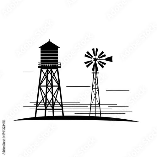 Vector art of water tower and windmill on a hill