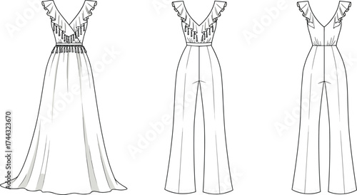 Dress and jumpsuit flat sketch, fashion CAD drawing, vector illustration, technical apparel design, ruffle sleeves, fitted bodice, box pleat back
