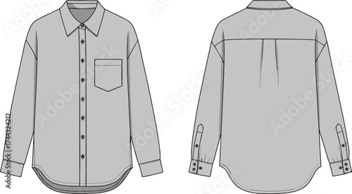 Shirt flat sketch, fashion CAD drawing, vector illustration, technical apparel design, button up shirt, chest pocket, box pleat, curved hem