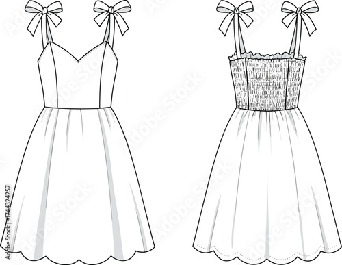 Dress flat sketch, fashion CAD drawing, vector illustration, technical apparel design, spaghetti strap dress, scalloped hem, smocked back bodice