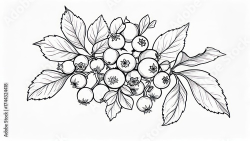 Blueberry Bush with Berries and Leaves Botanical Illustration.