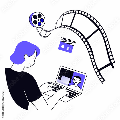 Person editing video on laptop with film reel and clapperboard elements