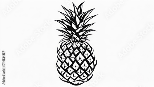 Black and white pineapple line art illustration isolated on white background.
