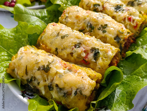 Potato dish: potato rolls stuffed with minced meat on a platter among greens