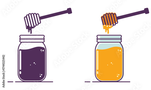 Vector Illustration Honey Jar with Dipper and Dripping Honey – Outline and Colored 