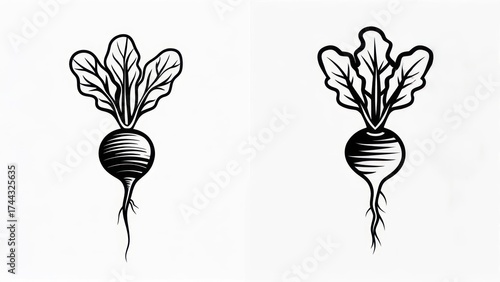 Artistic illustration of two radishes with detailed leaves and roots.