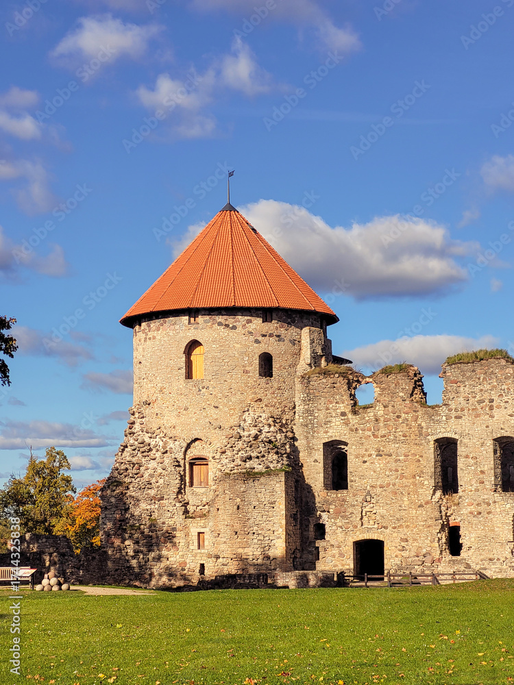 Obraz premium The beautiful medieval castle ruins and restored tower in the historic town of Cēsis, Latvia, on a sunny autumn day.