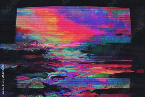 Abstract digital screen static exhibits vibrant color distortion with horizontal scan lines and flowing liquid patterns.