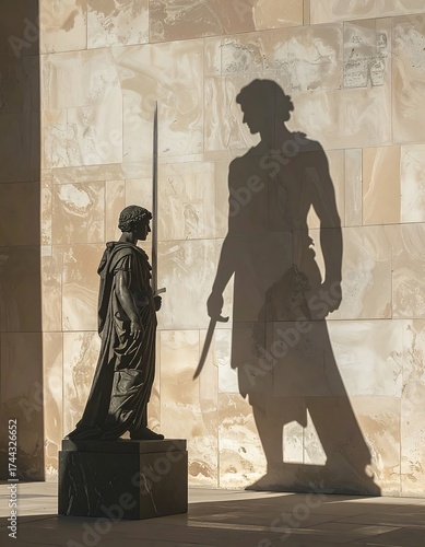 Bronze statue of a knight, shadowed by a larger figure