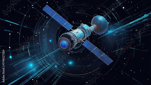 Advanced Satellite Orbiting Earth with Digital Network Overlay in Space.