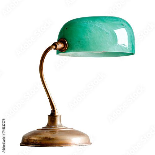 A cut-out  vintage desk lamp with green glass shade and brass base on transparent background. 