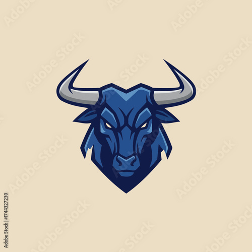 Powerful Blue Bull Head Mascot Vector Illustration with Aggressive E-sports Style