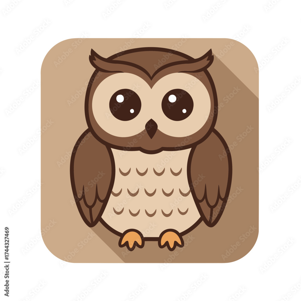 Naklejka premium Adorable Flat Design Brown Owl Vector Illustration with Long Shadow on Rounded Background