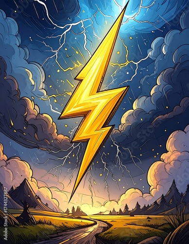 A vibrant lightning bolt pierces a stormy sky, above a serene landscape