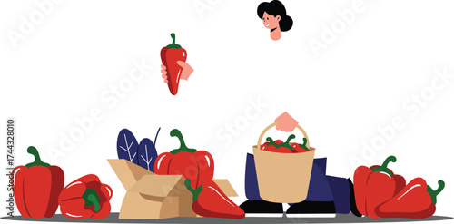 Red Bell Peppers and Chili Peppers with Woman Cooking in Kitchen Vector Illustration 
