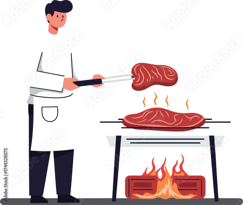 Man cooking barbecue grilling meat on outdoor fire grill vector illustration 