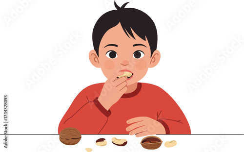 Young boy eating nuts with red shirt enjoying snack time vector illustration 