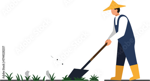 Male Farmer Hoeing Soil in Garden Vector Illustration Showing Agricultural Work and Gardening Activity 