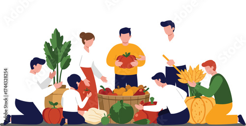 Group of people harvesting fresh vegetables from garden in autumn season vector illustration 