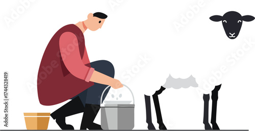 Farmer milking a black and white goat in a minimal flat vector illustration style 