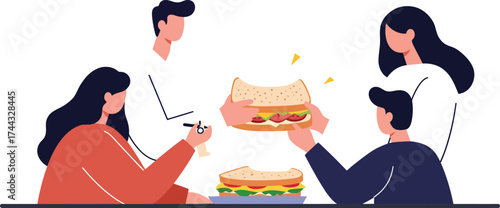 Family enjoying sandwiches together at the table in a casual dining setting illustration vector 