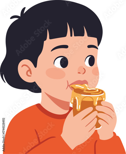 Child Eating Toast Breakfast Illustration with Orange Shirt and Black Hair Vector Art 