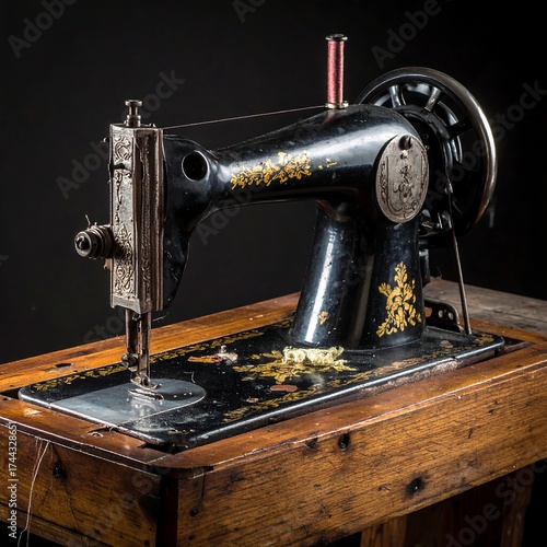 Antique sewing machine on wooden stand.  Dark background