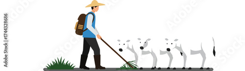 Farmer Working with Sheep Shepherding Livestock on Pasture Field in Flat Vector Style 