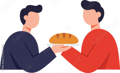 Two men exchanging freshly baked bread in a simple flat style vector illustration with warm colours and minimalist design 
