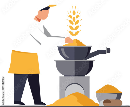 Farmer harvesting grain with traditional hand mill grinding wheat into flour vector illustration 