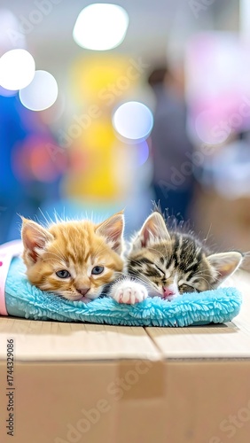 Two tiny kittens, orange and tabby, snuggled together on a light blue cushion.  Blurred background of people and lights