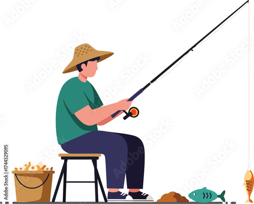 Man fishing with rod sitting on stool wearing hat and green shirt outdoor leisure activity vector illustration 