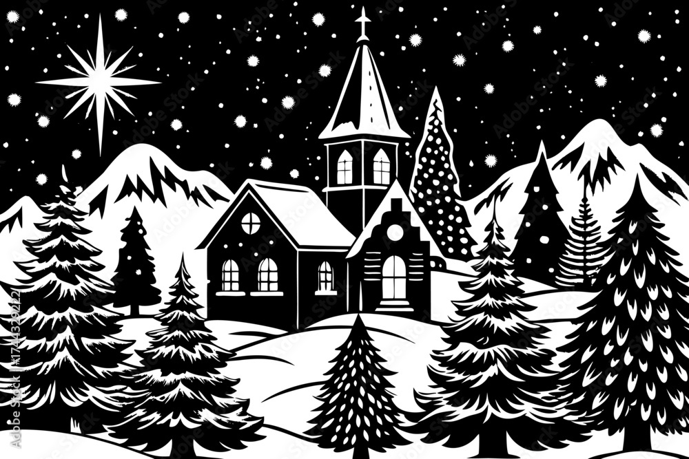 Obraz premium Christmas night landscape, fir tree, church, house, snow seamless pattern. Winter village holiday wallpaper.
