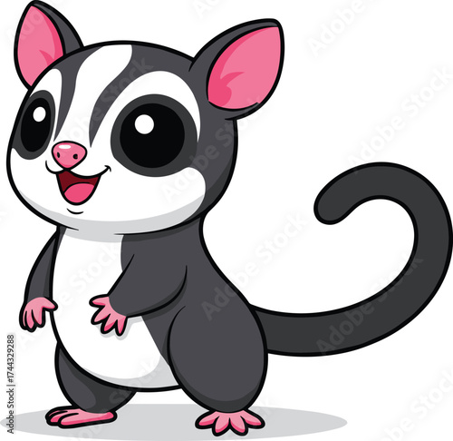 Cute sugar glider cartoon, adorable flying squirrel character, happy marsupial animal illustration, funny wildlife mascot, children’s educational animal art design
