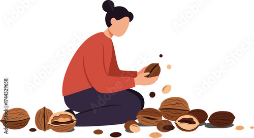 Woman cracking open walnuts with shell fragments and whole nuts around in simple vector illustration 