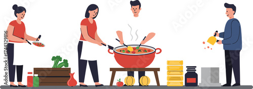 People cooking together preparing food in kitchen with large pan and ingredients vector illustration 