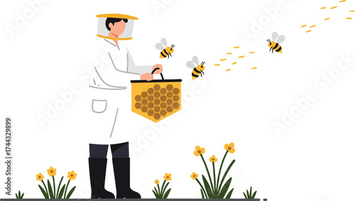 Beekeeper in protective suit harvesting honeycomb with flying bees and blooming flowers in natural garden setting vector illustration 