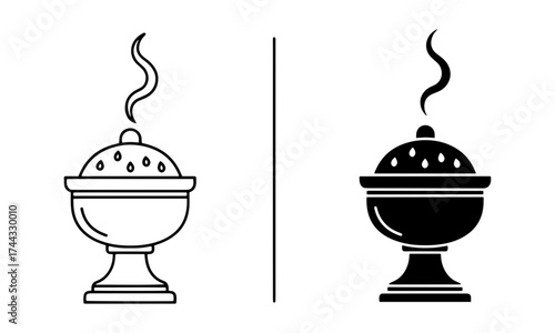 Incense Burner Icons in Outline and Solid Black Vector representing sacred incense offerings to honor departed souls.