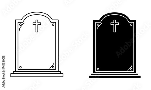 Memorial Plaque Icons in Outline and Solid Black Vector representing engraved stone or metal plates for remembrance
