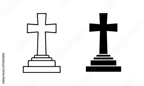 Gravestone Cross Icons in Outline and Solid Black Vector representing Christian graves visited during Souls Day